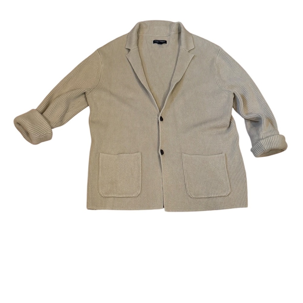 Banana Republic Organic Cotton Ribbed Knit Blazer Cardigan Sweater Tan Womens L